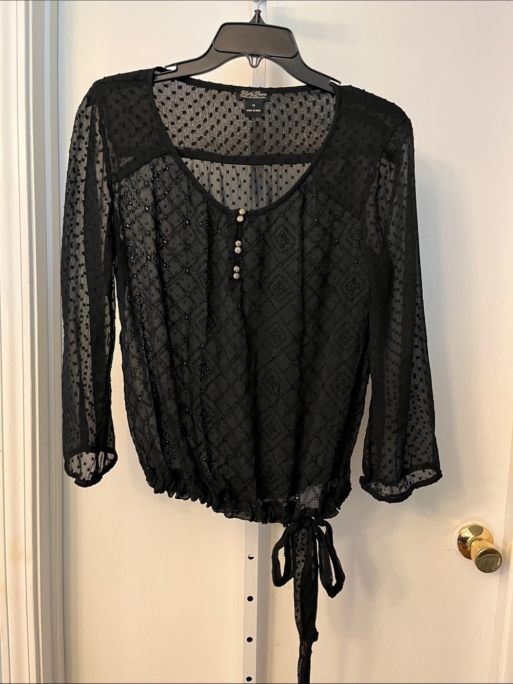 Lucky Brand Black Sheer Dot-and-Diamond Tie-Hem Blouse